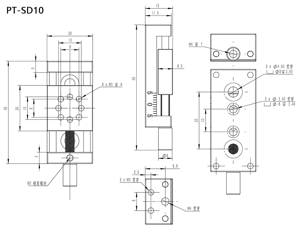 PT-SD10 35 65 95手動(dòng)平移臺(tái) X單軸位移臺(tái) 一維位移臺(tái)滑臺(tái)